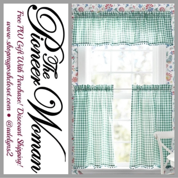 πΊ New Pioneer Woman Teal Blue Gingham 3 pc Kitchen Curtains And Valance Set - Picture 5 of 10